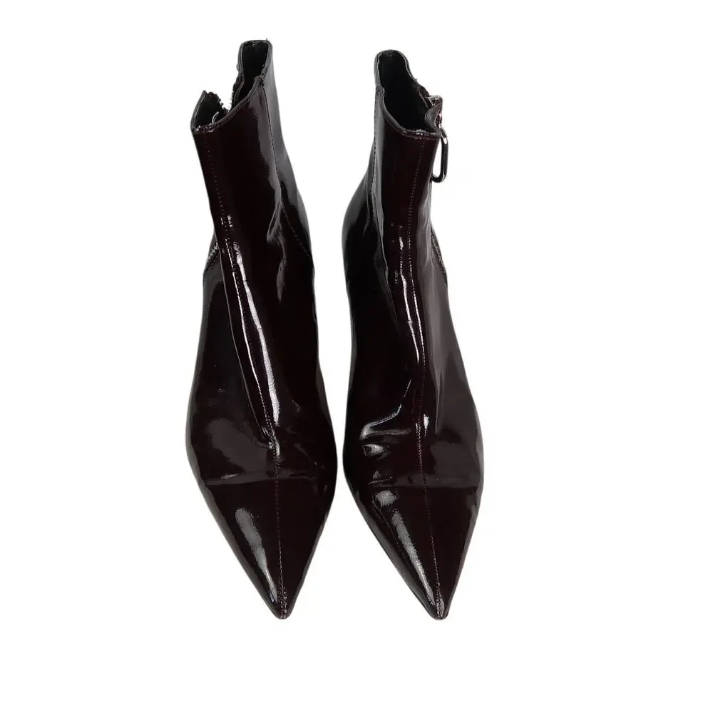 Zara Dark Burgundy Faux Patent Leather Kitten Heel Ankle Boots 38